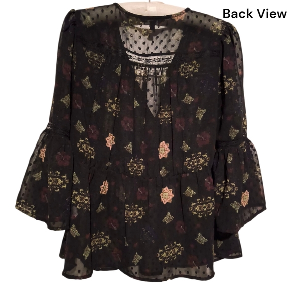 Lucky Brand Black Sheer Textured Boho Blouse with Bell Sleeves and Lace Inserts - Picture 6 of 9